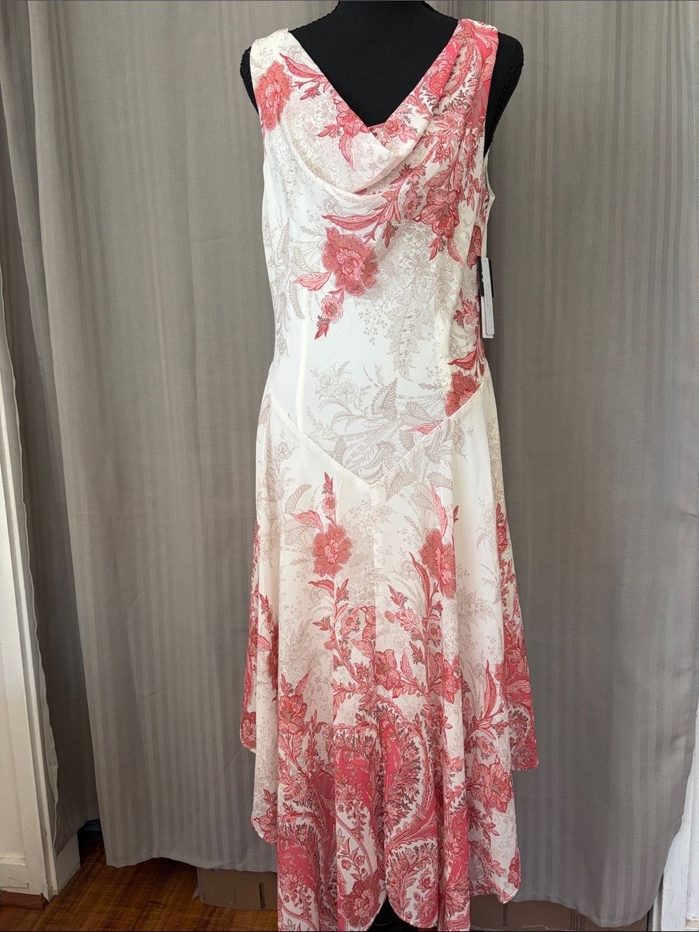 Sleeveless Creme and Coral Floral Cowl Neck Maxi Dress